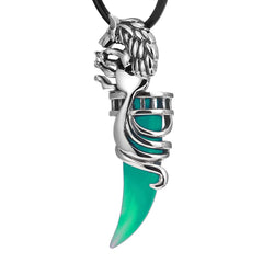 Wolf Tribal Men's Stainless Steel Necklace Pendant 19" Leather Chain (Silver, Green)