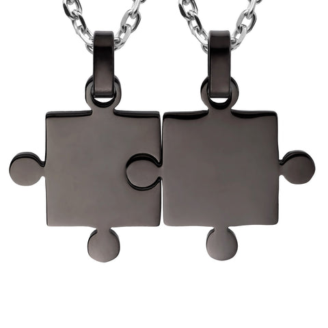 His & Hers Puzzle Matching Piece Couples Pendant Necklace Set with 18" & 21" Chain