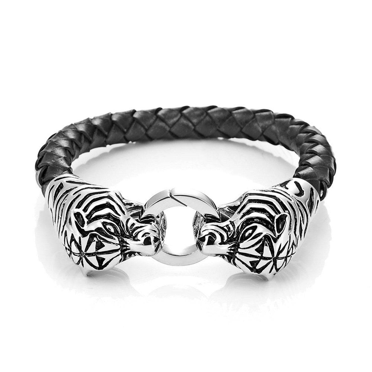 Amazing Leather Mens Bracelet with Locking Stainless Steel Tiger Head Clasp, Black, Silver, 8.5 Inches