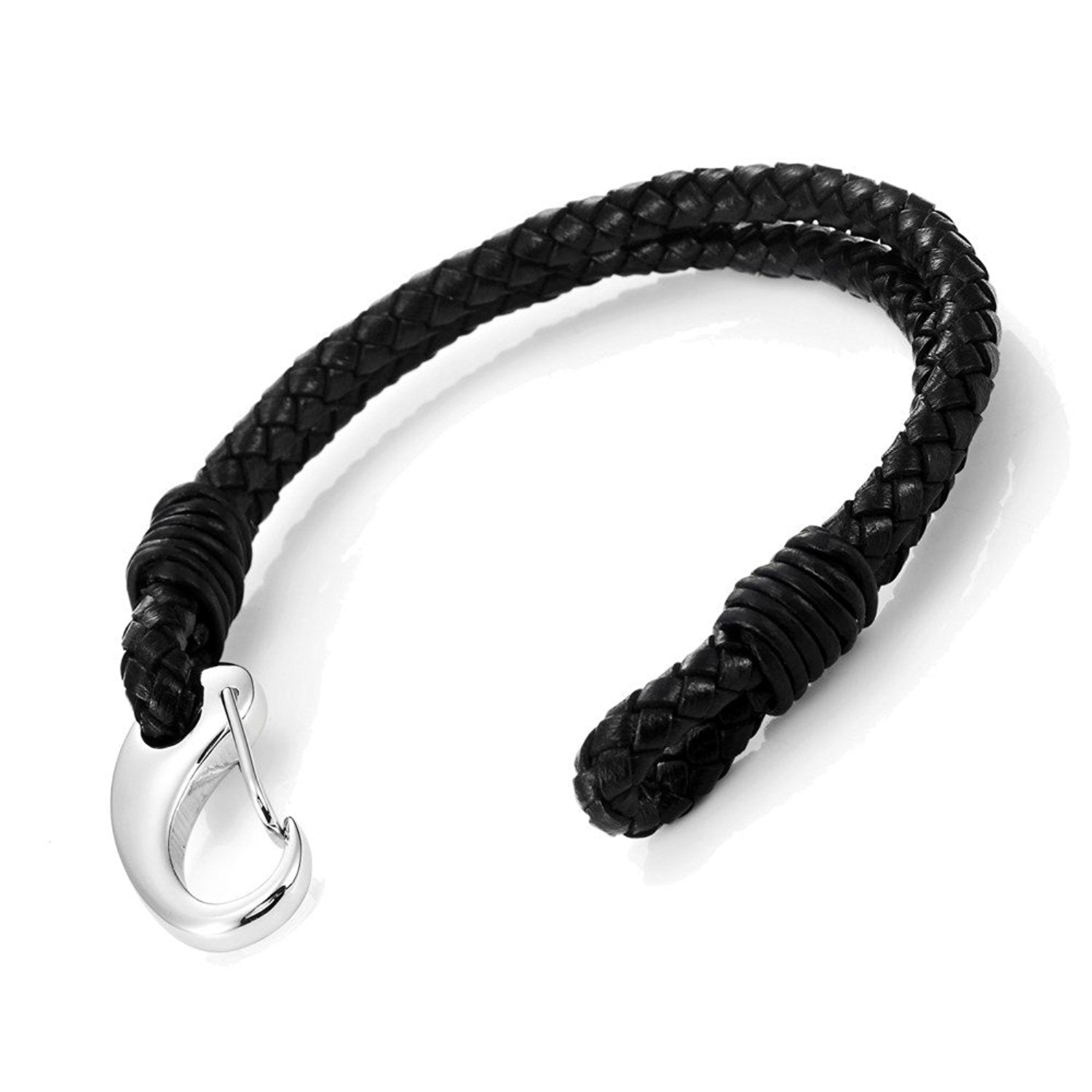 Urban Jewelry Braided Black Genuine Leather Bracelet with Locking Stainless Steel Clasp (Black, Silver, Length 8")