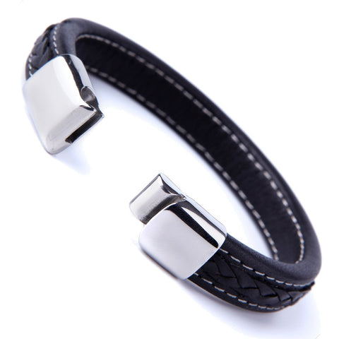 Elegant Black Cuff Genuine Leather Bracelet for Men with Elegant 316L Stainless Steel Clasp