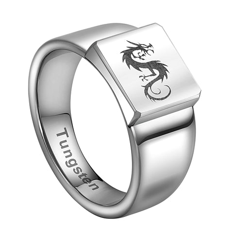 URBAN JEWELRY Men’s Ring Featuring Classic Celtic Dragon Emblem in a Silver Finish – Punk Rock Biker Style – Made of Solid Tungsten Material for Him