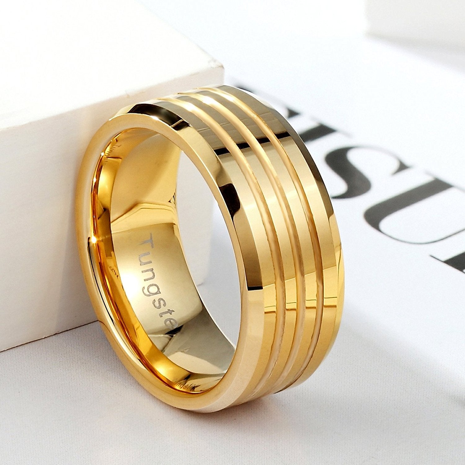 Urban Jewelry Striped Gold Color 9 mm Solid Tungsten Wedding Engagement Band Ring for Men