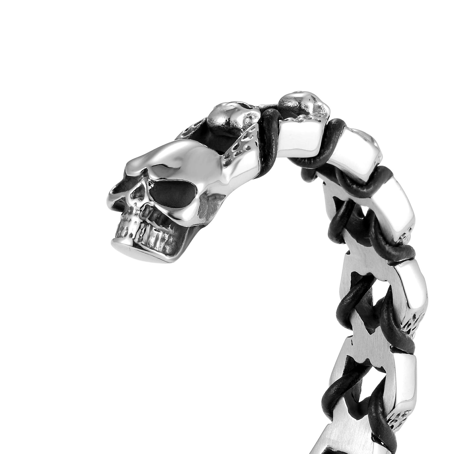 Bold Men’s Biker Bracelet – Death’s Skull Design in a Polished Silver Finish Band – Rust & Discoloration Resistant Stainless Steel with Black Genuine Leather Detail– Jewelry Gift for Men