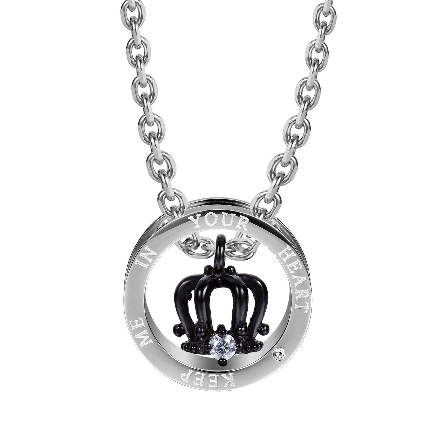 Royal His & Hers Couples Crown Ring Pendant Love Necklace Set, 19 & 21" Chains (Silver, Black, Rose Gold)