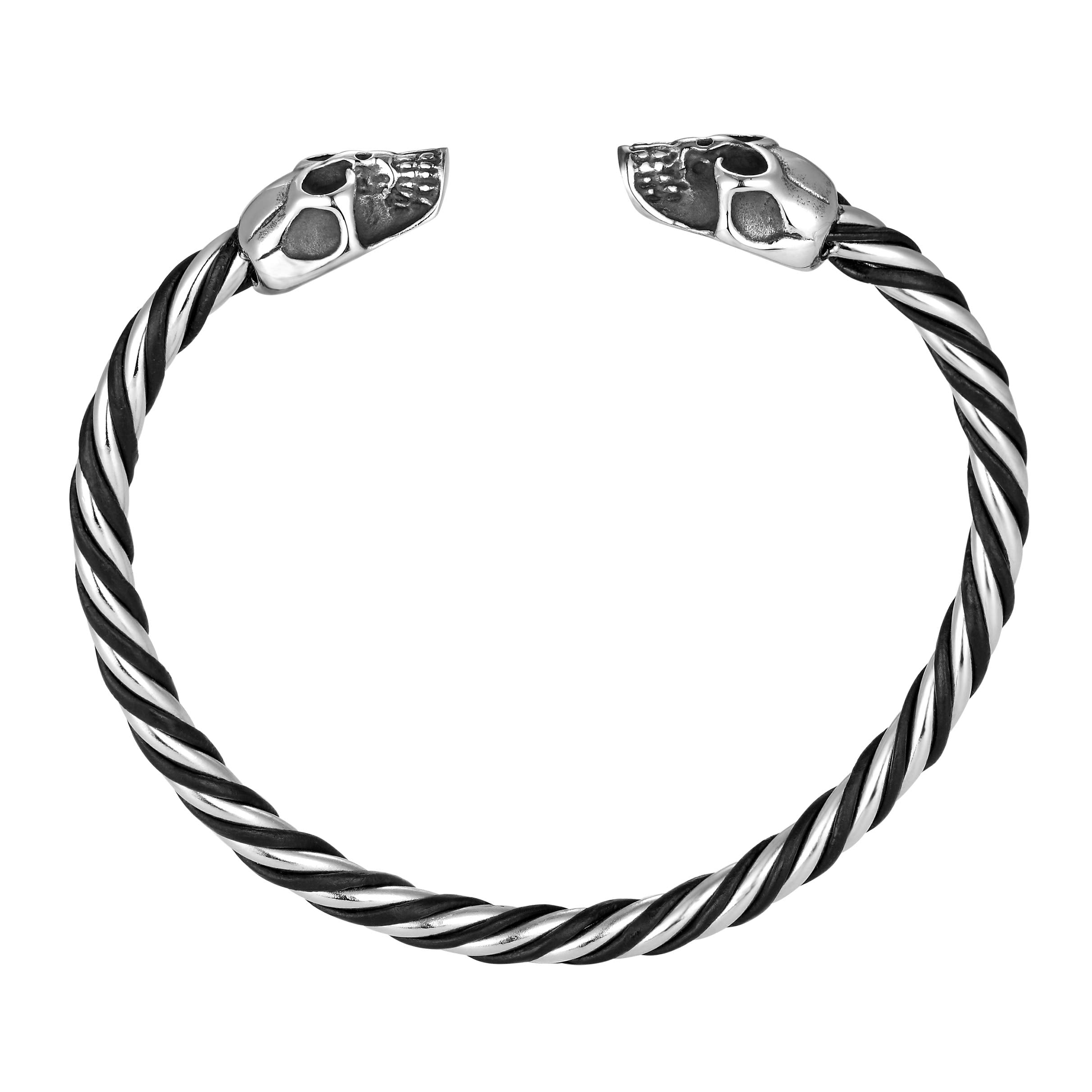 Bold Men’s Biker Bracelet, Stainless Steel Silver Finish Band with Death’s Skull Ornament and Black Genuine Leather