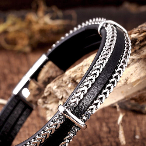 Urban Jewelry Splendid Men’s Bracelet – Silver or Gold Color Foxtail Chains with Contemporary Black Leather Detail – Made of Rust & Discoloration Resistant Stainless Steel and Genuine Leather
