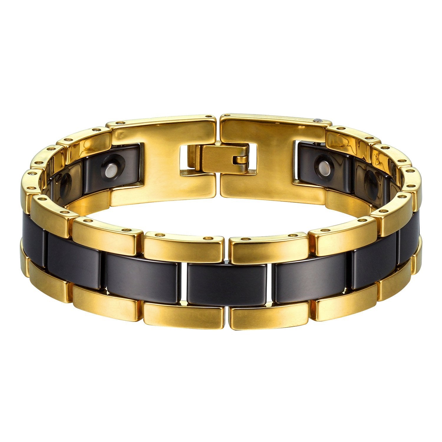 Impressive Two-Tone Tungsten, Ceramic & Magnets Link Bracelet for Men (Gold, Black)