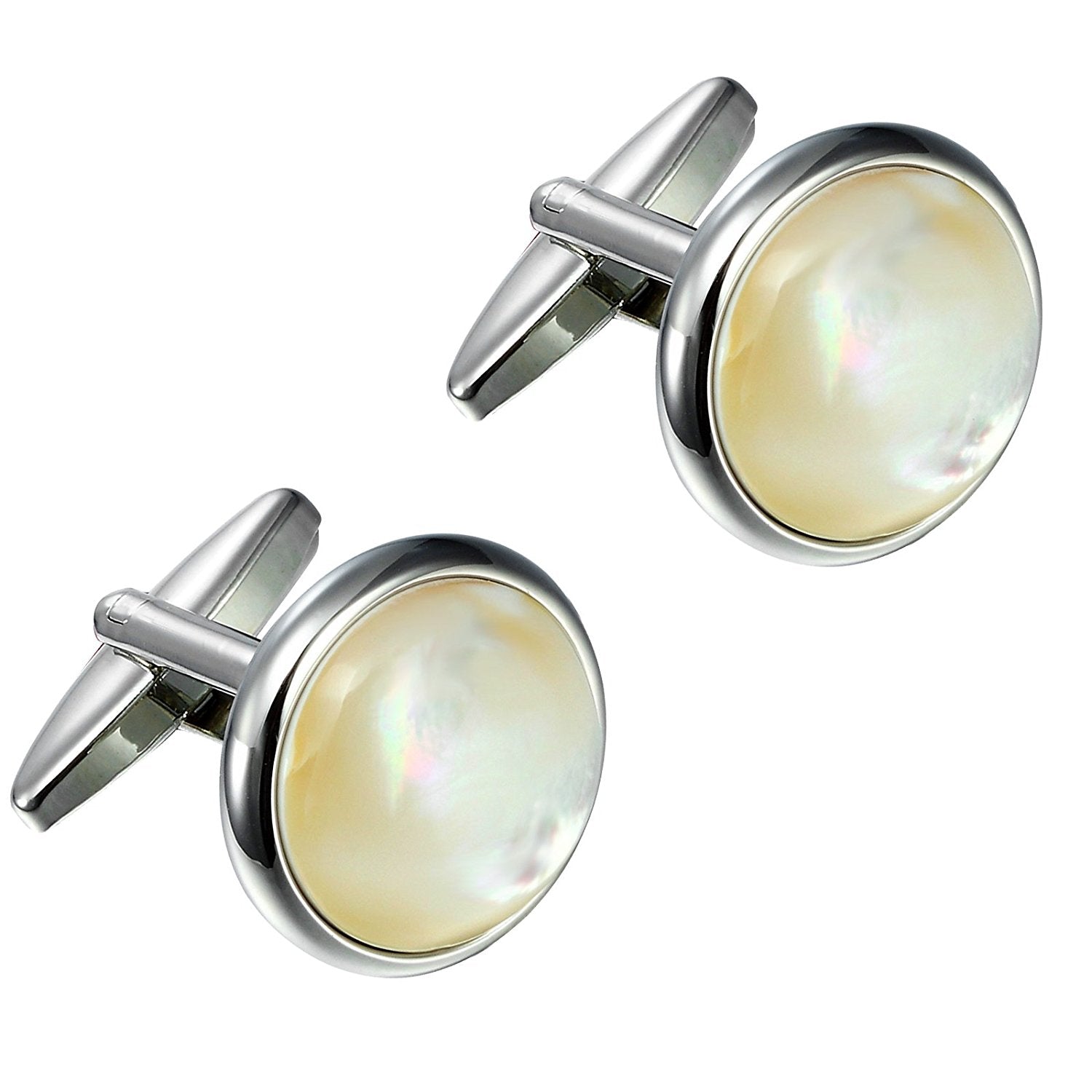Urban Jewelry Unique 316L Stainless Steel Men's Round Cufflinks with Real Shell (Silver)
