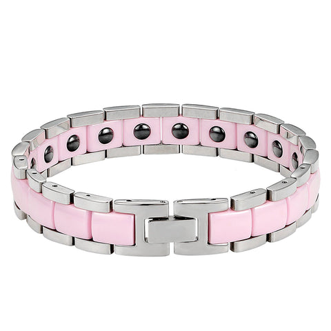 Urban Jewelry Women's 316 Stainless Steel and Ceramic Link Bracelet Easy to Slip on (Silver, Pink, 7.85 inches)