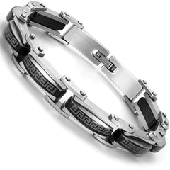 Industrial Greek Pattern 316L Stainless Steel Link Cuff Bracelet for Men (Black, Silver)
