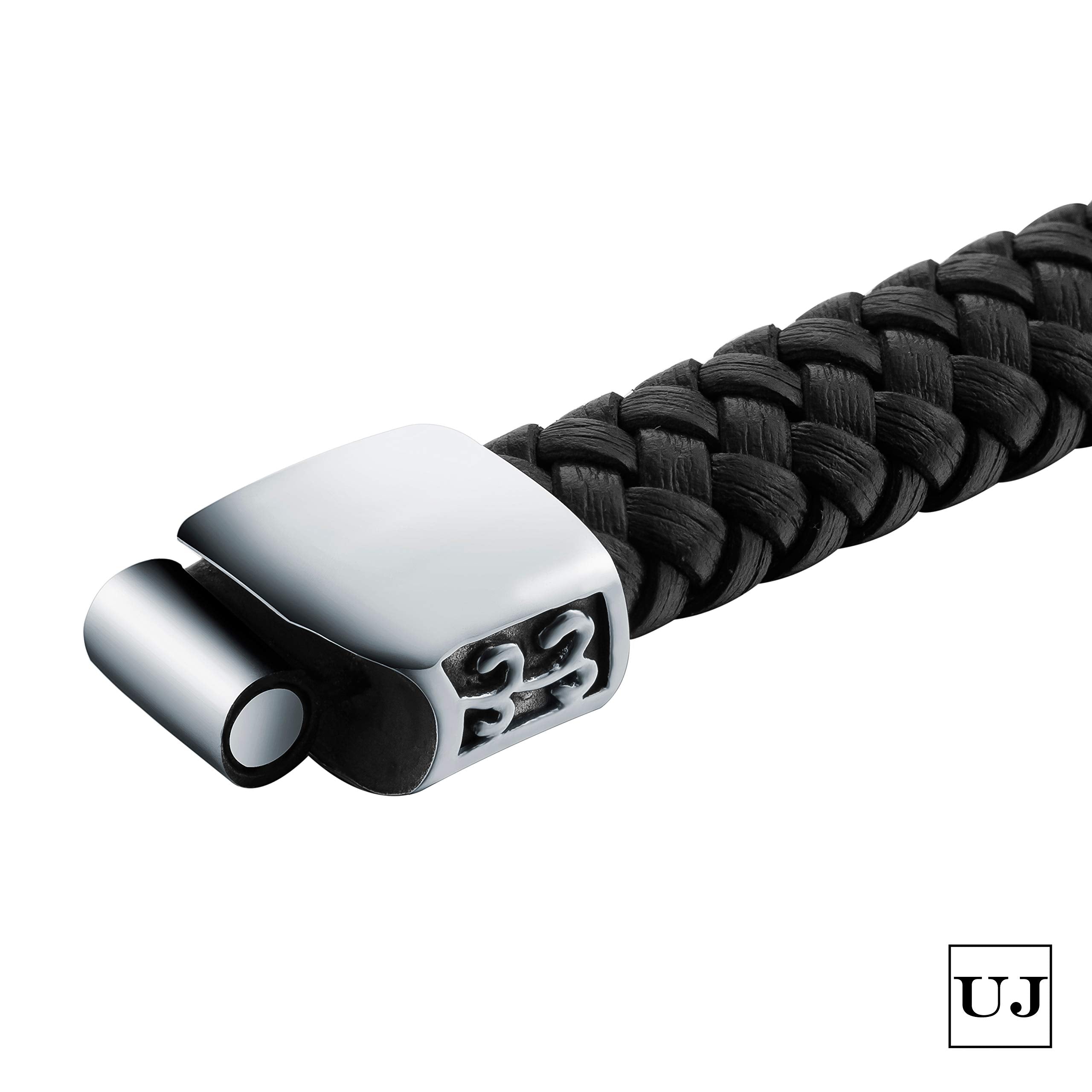 Urban Jewelry Men’s Bracelet – Ancient Pattern Design in a Polished Silver Finish and Black Leather Rope Chain – Made of Stainless Steel and Genuine Leather for Him