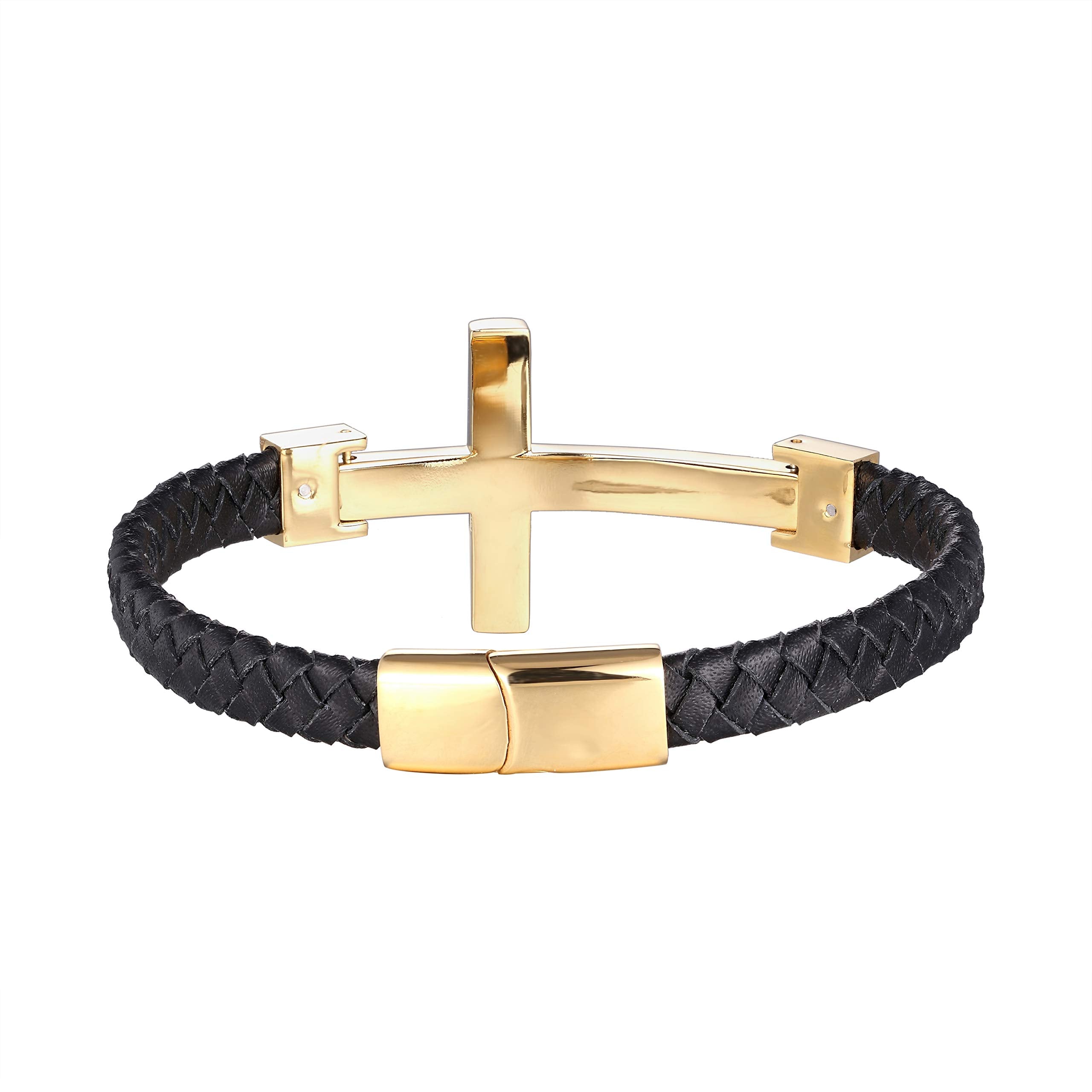 Urban Jewelry Trendy Men’s Cross Bracelet – Lord’s Cross in a Luminous Silver or Gold Finish – Rust & Discoloration Resistant Stainless Steel Charm – Black Genuine Leather Rope Cord