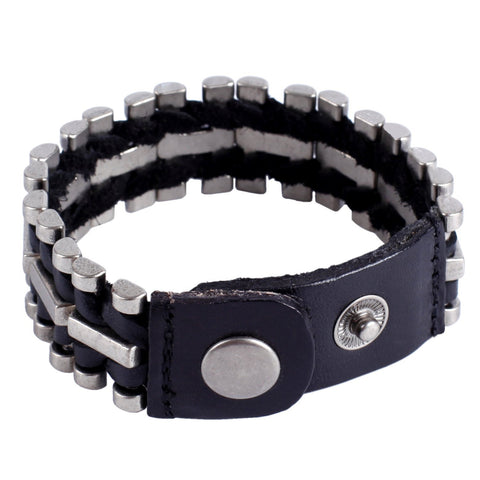 Urban Jewelry Unusual Genuine Leather & Metal Cuff Men's Bracelet by (Black, Silver)