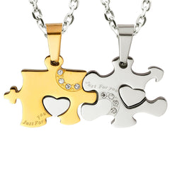 Urban Jewelry Just for You 2pcs His & Hers Puzzle Heart Couples Crystal Pendant Necklace Set with 19" & 21" Chains