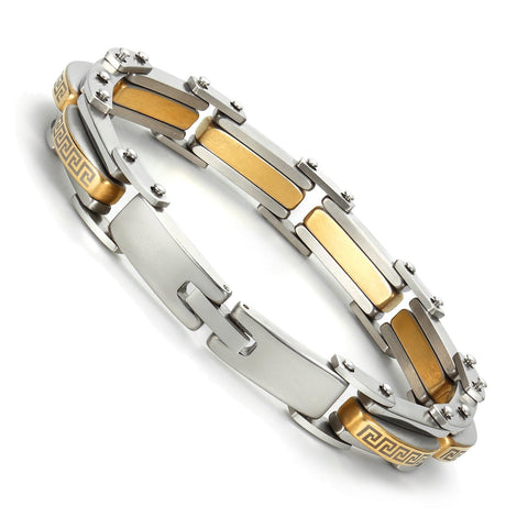 Industrial Greek Pattern 316L Stainless Steel Link Cuff Bracelet for Men (Gold, Silver)
