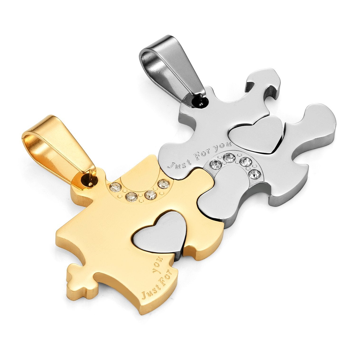 Urban Jewelry Just for You 2pcs His & Hers Puzzle Heart Couples Crystal Pendant Necklace Set with 19" & 21" Chains