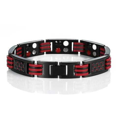 Urban Jewelry Men's Titanium Magnetic Link Bangle Bracelet with Carbon Fiber 8.66 inch (Black and Red)