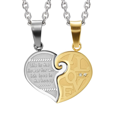 2Pcs His & Hers Couples Heart CZ Pendant Love Valentine Necklace Set, 19 & 21" Chains (Silver, Rose Gold)