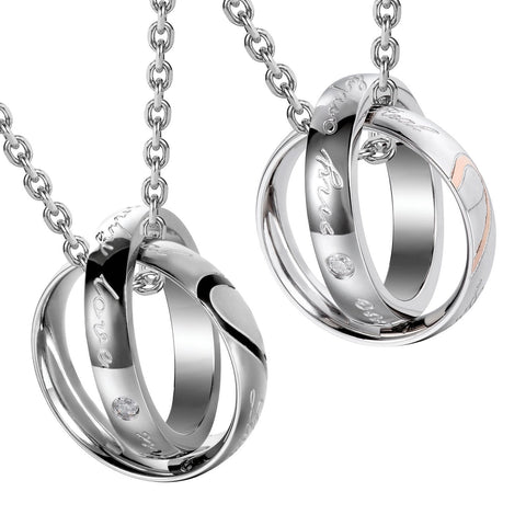 His & Hers Couples Engraved Double Ring Pendant Necklace