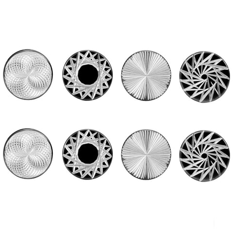 Mens 4 Pairs Stainless Steel Barbell Stud Earrings Set with Star, Spoke, Sunburst and Spirograph Designs