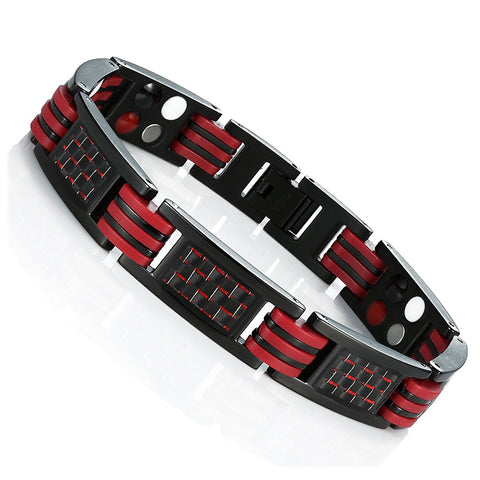 Urban Jewelry Men's Titanium Magnetic Link Bangle Bracelet with Carbon Fiber 8.66 inch (Black and Red)