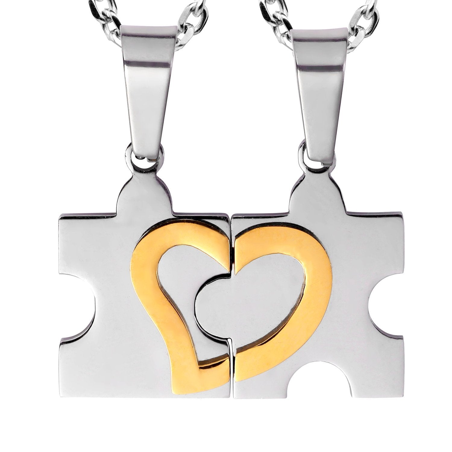 Stunning His & Hers Puzzle Heart Matching Couples Pendant Necklace Set with 18" & 21" Chain