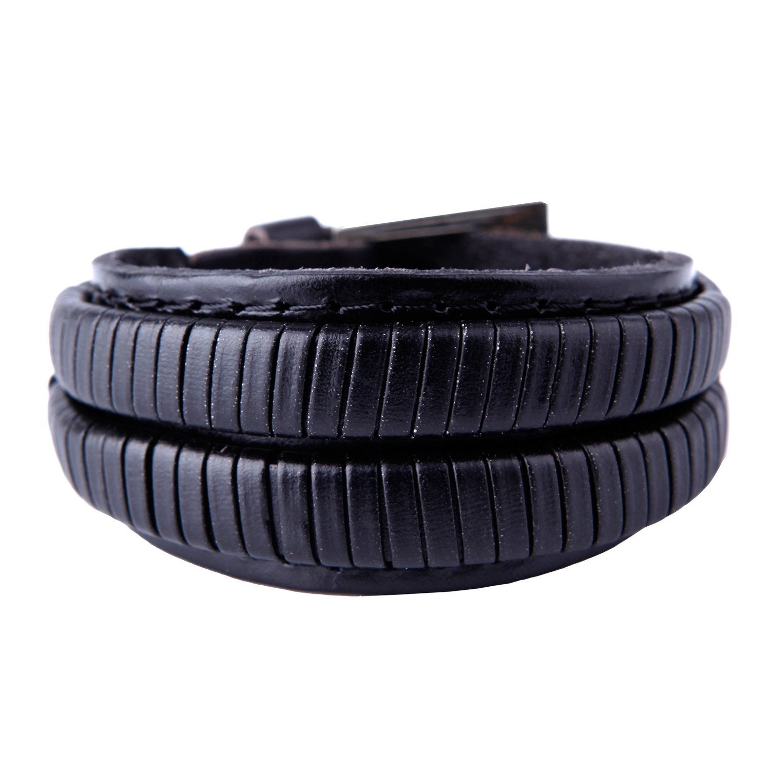 Urban Jewelry Elegant Coal Black Cuff Genuine Leather Bracelet for Men (Metal Buckle Clasp)