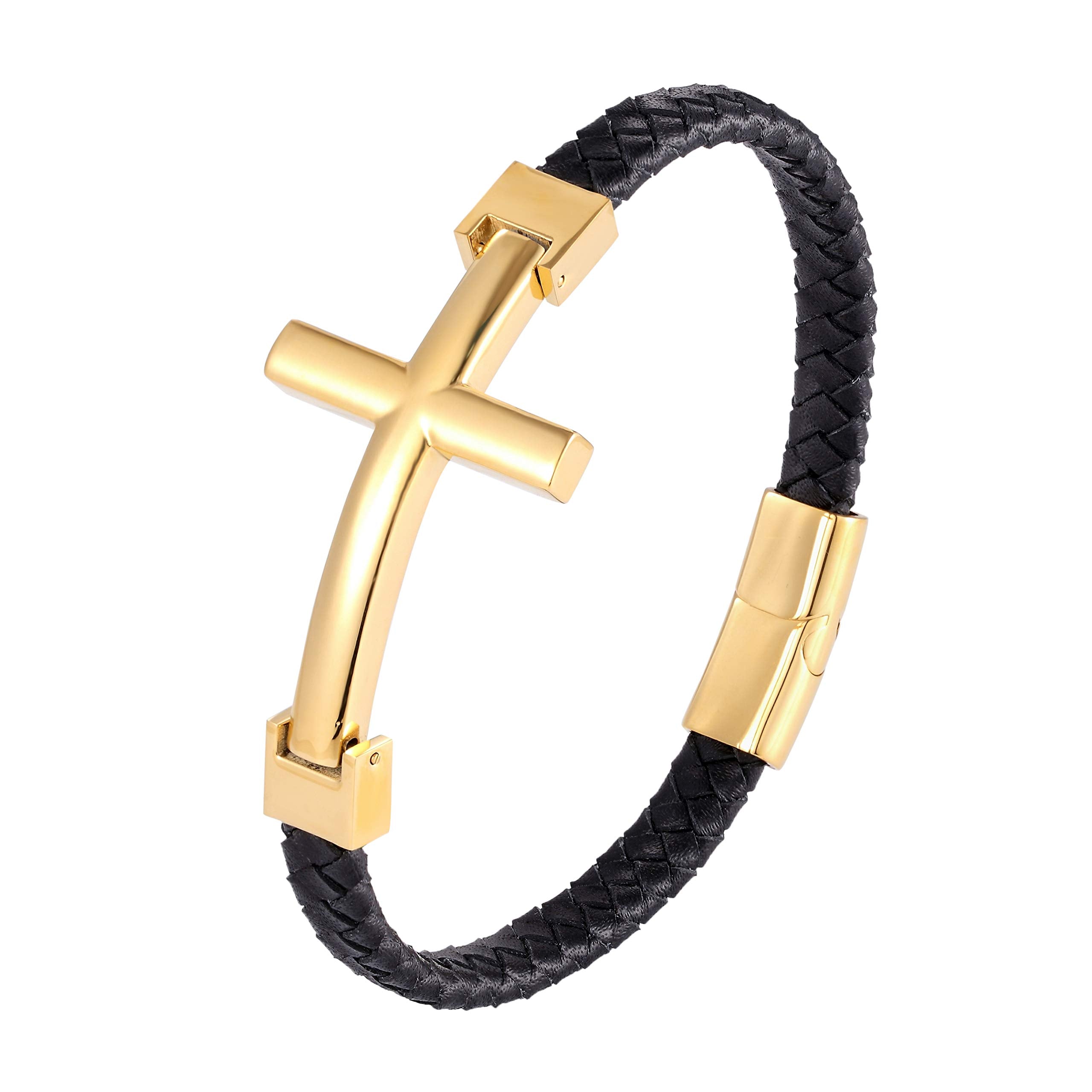 Urban Jewelry Trendy Men’s Cross Bracelet – Lord’s Cross in a Luminous Silver or Gold Finish – Rust & Discoloration Resistant Stainless Steel Charm – Black Genuine Leather Rope Cord
