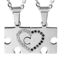 Urban Jewelry 2pcs His & Hers Puzzle Sparkle Heart Couples Jewelry Crystal Pendant Necklace Set with 19" & 21" Chain