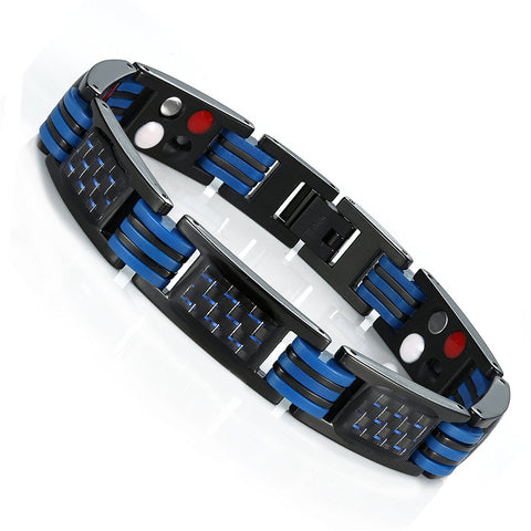 Urban Jewelry Men's Titanium Magnetic Link Bangle Bracelet with Carbon Fiber 8.66 inch (Black and Blue)