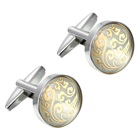 Urban Jewelry Oriental Style Round 316L Stainless Steel Cufflinks for Men (Silver)