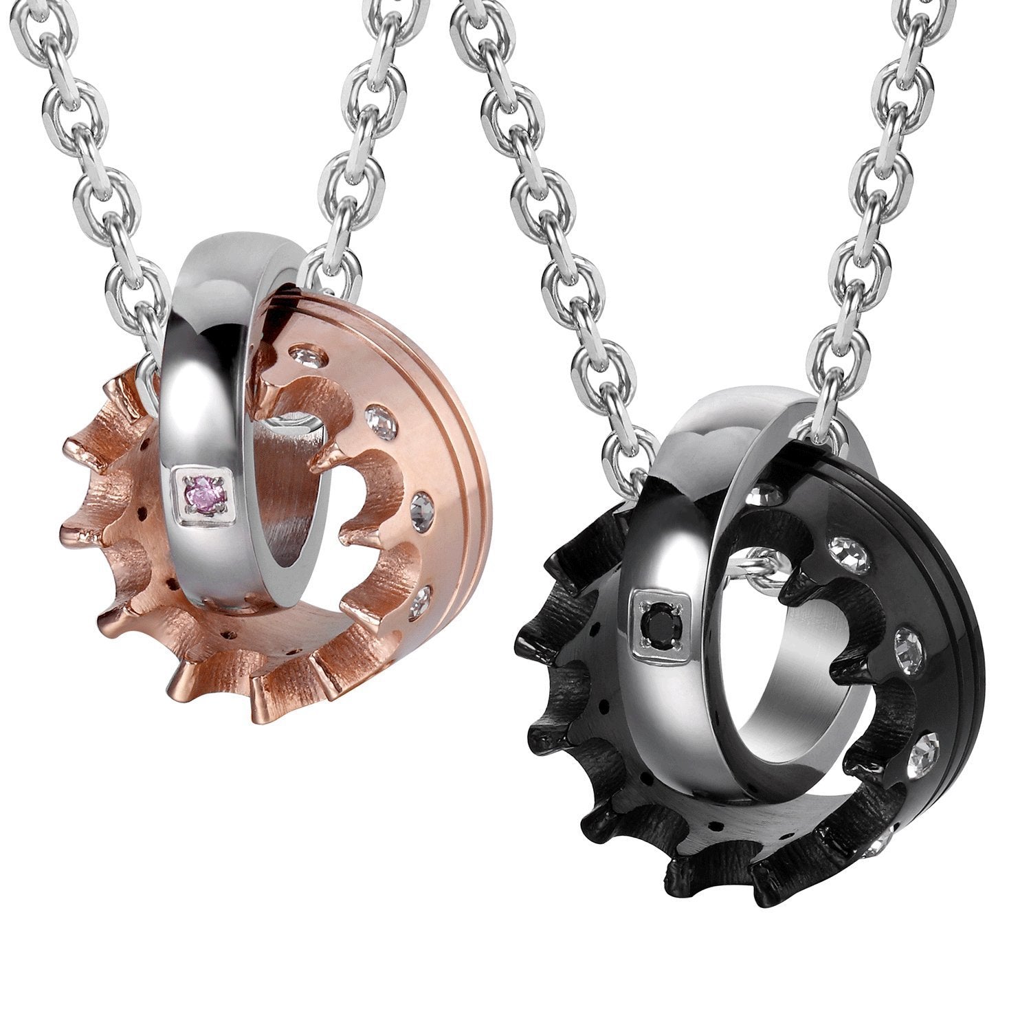 Urban Jewelry Crown His & Hers Couple Royal Ring Pendant Love Necklace Valentine Set, 19 & 21" Chain (Black, Rose Gold)