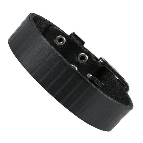 Urban Jewelry Men's Genuine Leather Cuff Bangle Bracelet Perfect Statement Piece (Black, Silver, 6.3-8.25 inches)