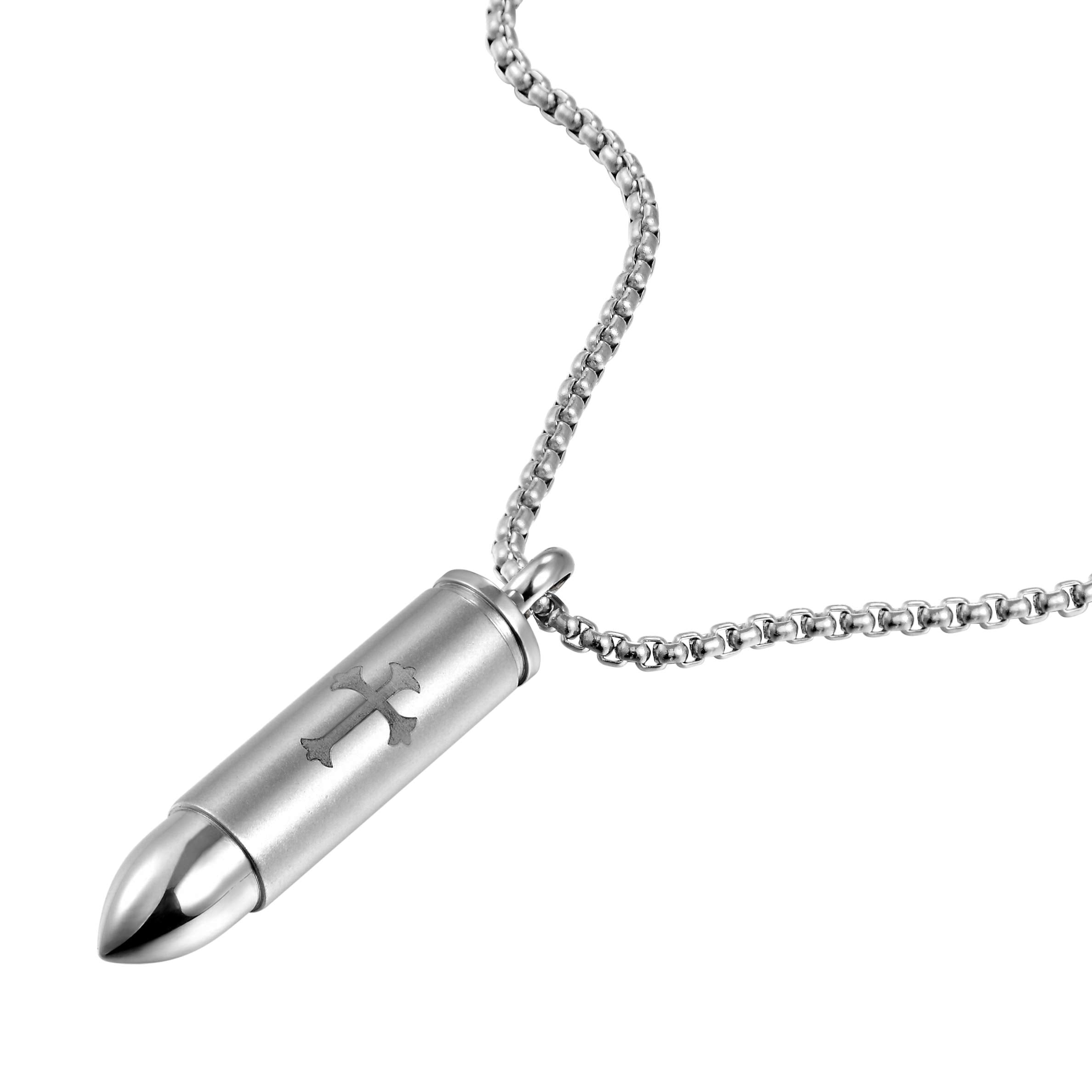 Urban Jewelry Striking Men’s Bullet Locket Necklace – Detailed with The Lord’s Cross in a Polished Gold, Silver or Black Finish – Rust & Discoloration Resistant Stainless Steel Pendant and Chain