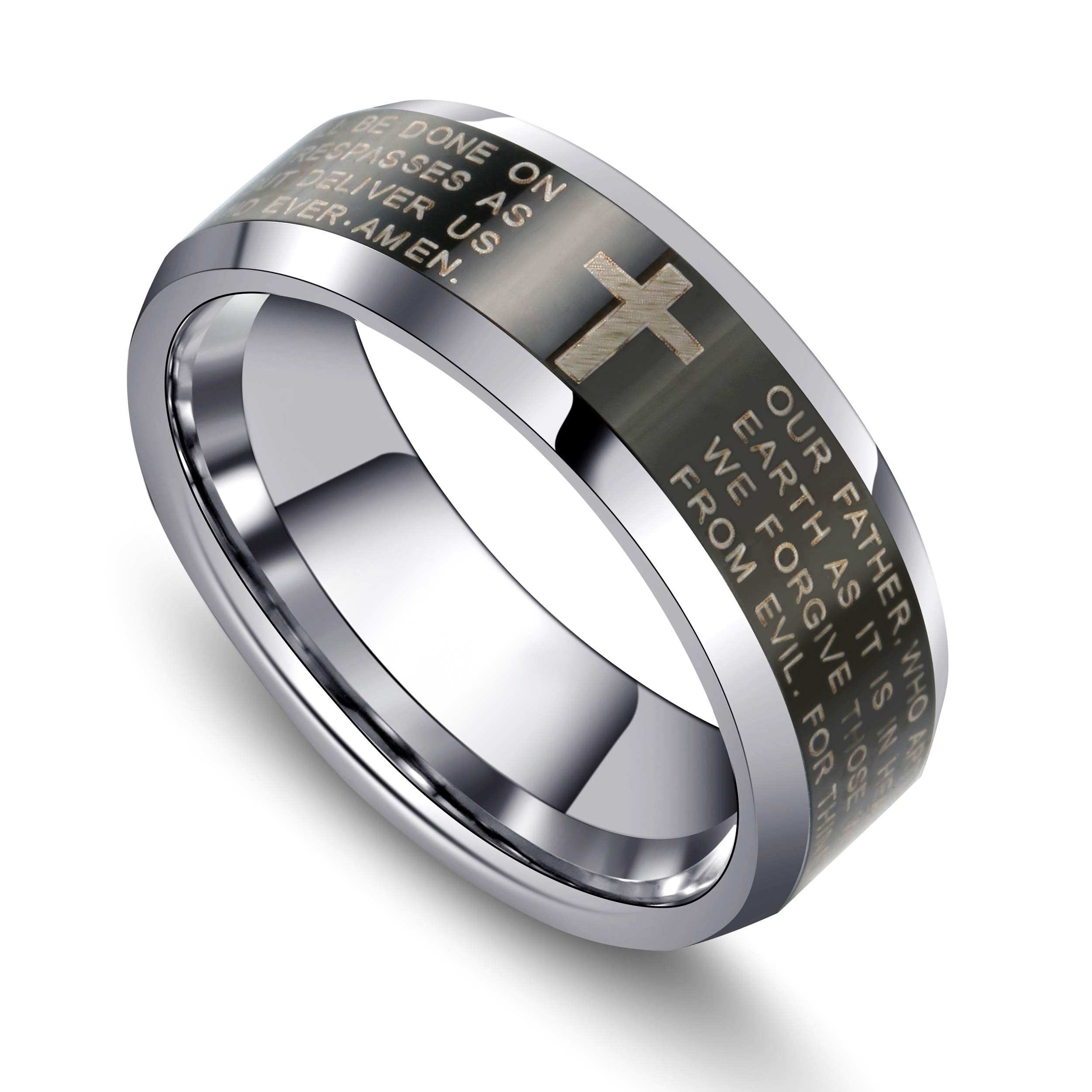 URBAN JEWELRY Men’s Christian Ring – Inscribed with The Religious Lord’s Prayer and Cross – Black and Silver Color – Polished Solid Tungsten Carbide Material for Him