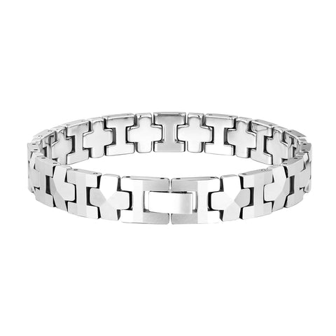 Mesmerizing Men’s Bracelet – Interlocking Track Links with Beveled Geometric Pattern – Polished Silver Finish – Scratch & Tarnish Resistant Tungsten – Jewelry Gift or Accessory for Men