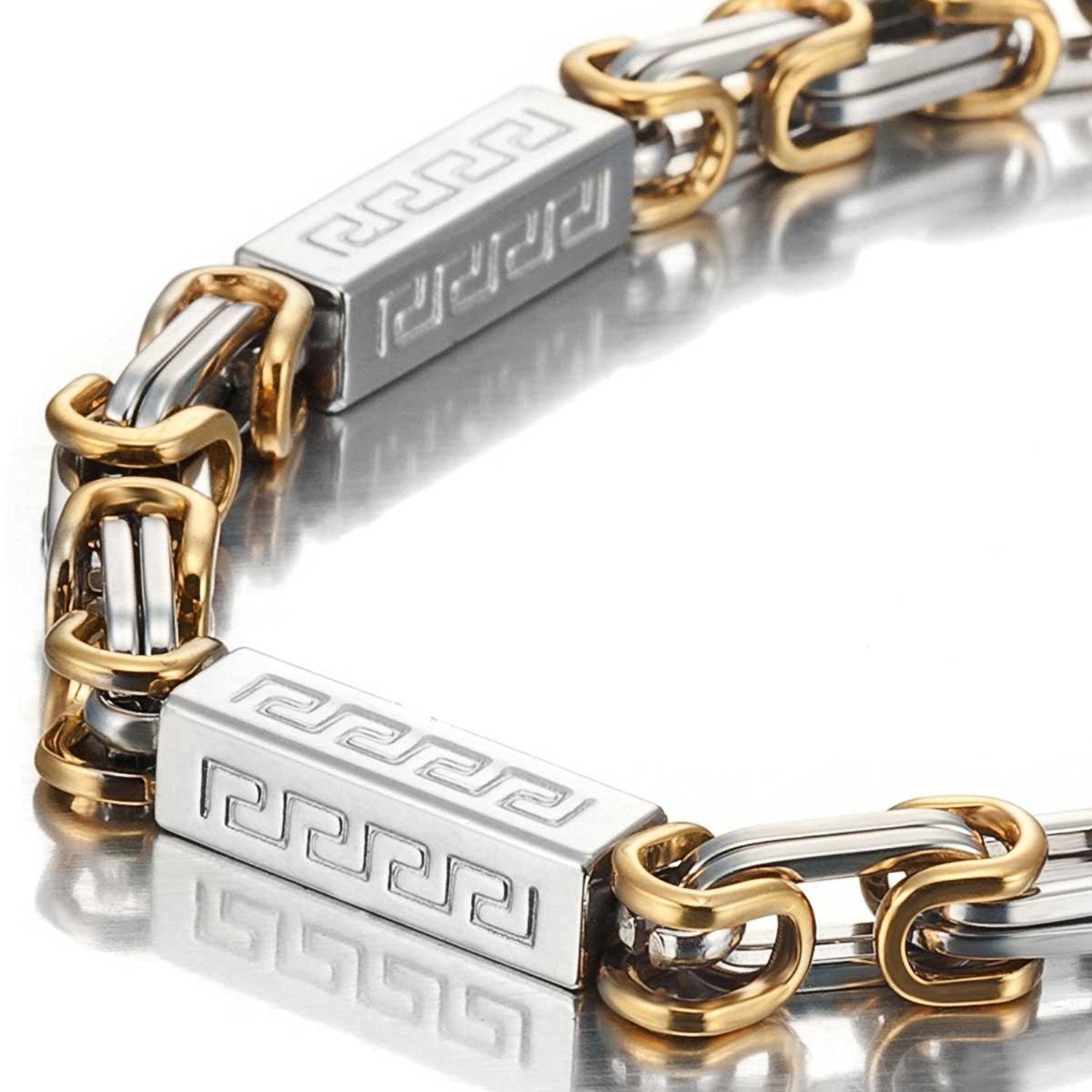 Impressive Men's Stainless Steel Bracelet Byzantine Chain, Gold Silver, 9 Inch (With Branded Gift Box)