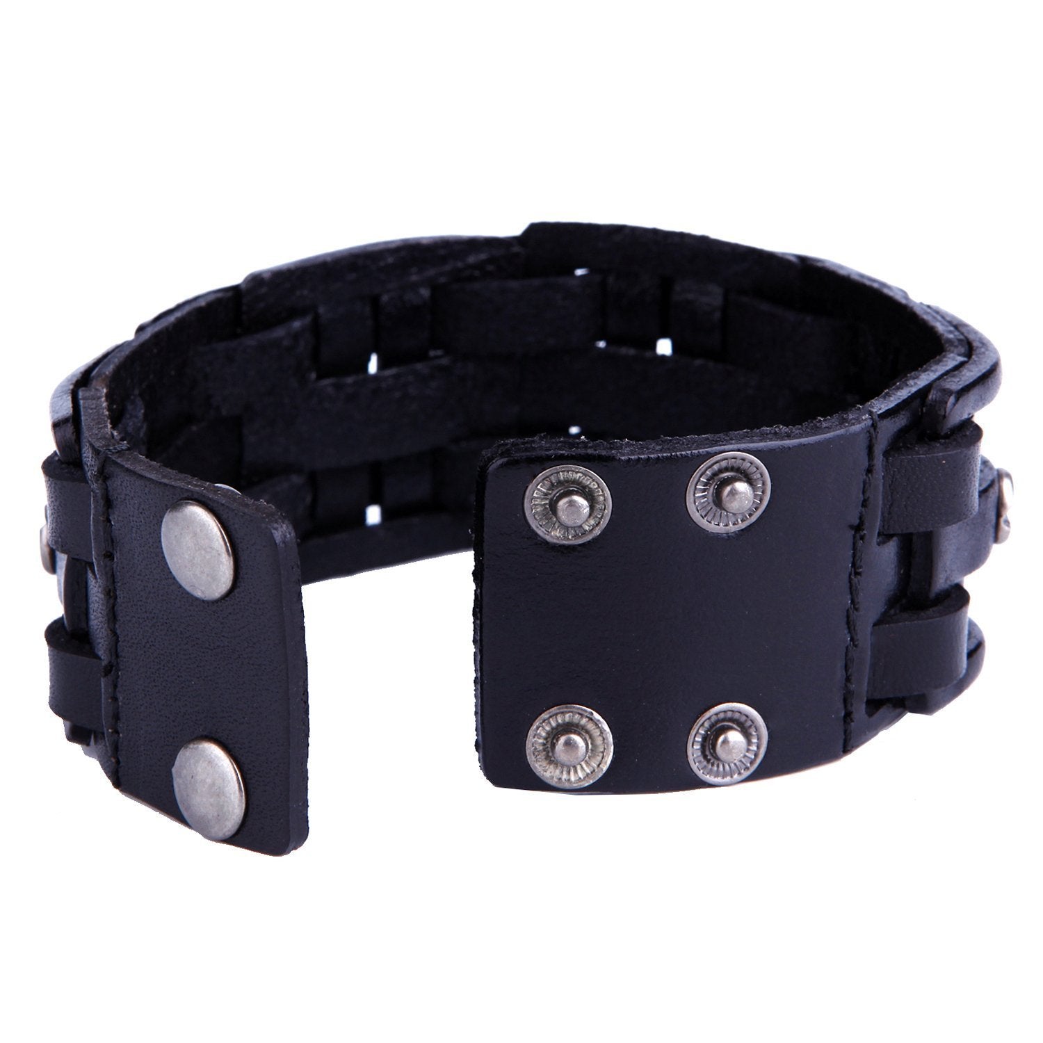 Urban Jewelry Gothic Men's Army Style Coal Black Cuff Genuine Leather Bracelet with Metal Silver Tone Screws