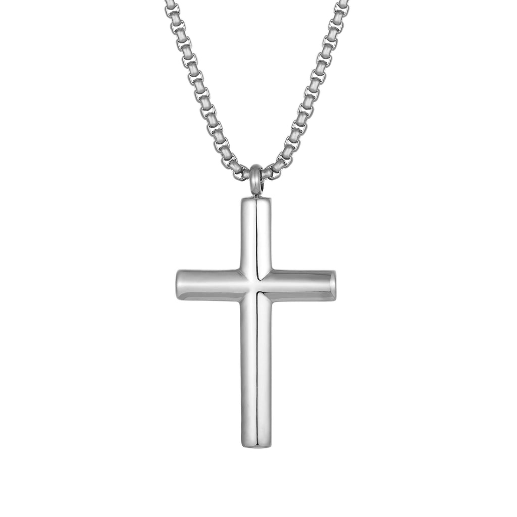 316L Stainless Steel Men's Cross Pendant Necklace - Jesus Crucifix, 20-Inch Box Chain, Silver Religious Jewelry