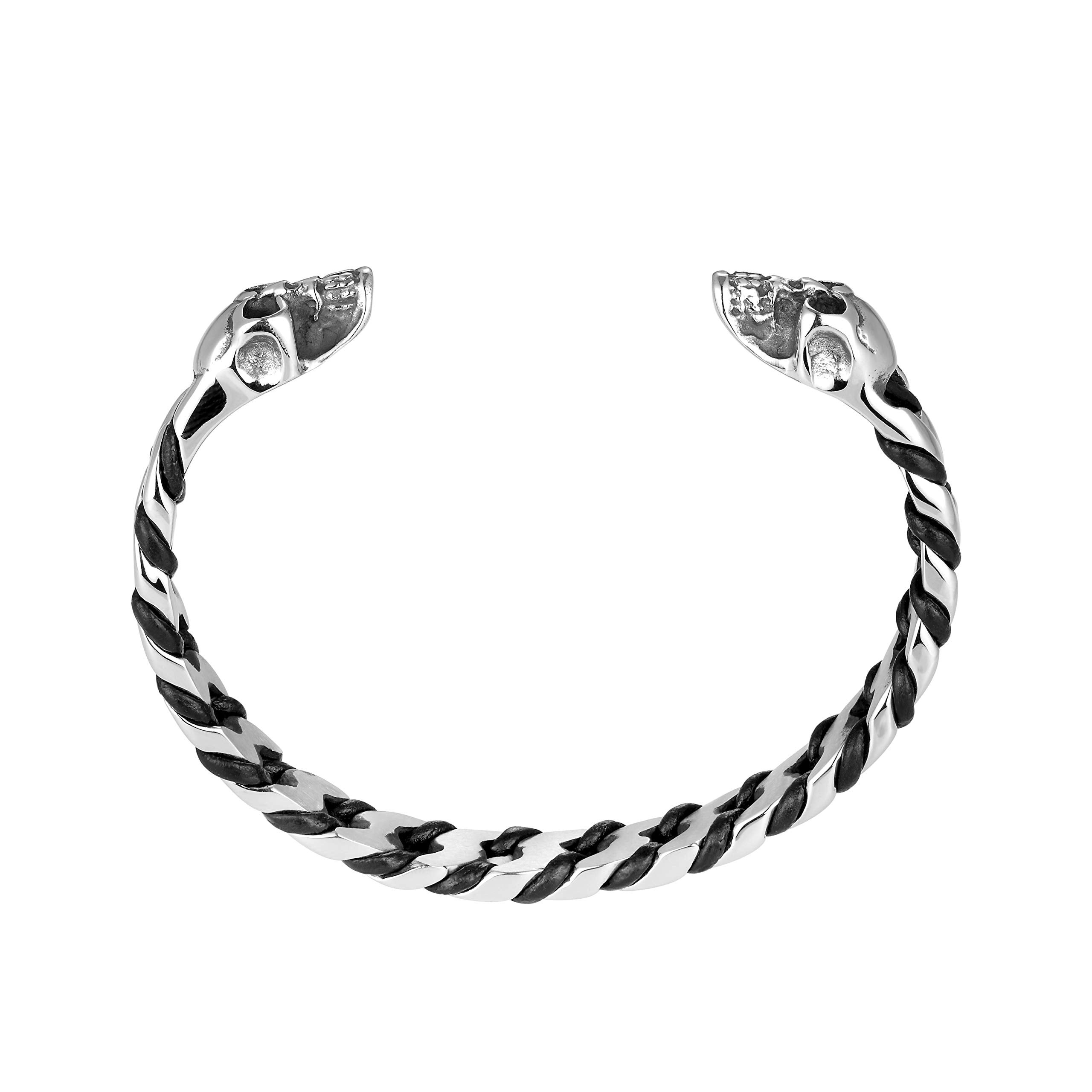 Bold Men’s Biker Bracelet – Death’s Skull Design in a Polished Silver Finish Band – Rust & Discoloration Resistant Stainless Steel with Black Genuine Leather Detail– Jewelry Gift for Men