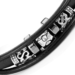 Stylish Black Genuine Leather Bracelet Cuff Stainless Steel, Unisex