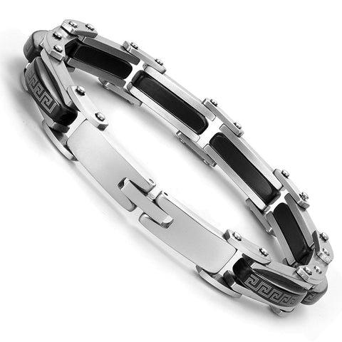 Industrial Greek Pattern 316L Stainless Steel Link Cuff Bracelet for Men (Black, Silver)