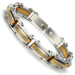 Industrial Greek Pattern 316L Stainless Steel Link Cuff Bracelet for Men (Gold, Silver)