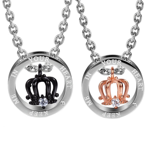 Royal His & Hers Couples Crown Ring Pendant Love Necklace Set, 19 & 21" Chains (Silver, Black, Rose Gold)