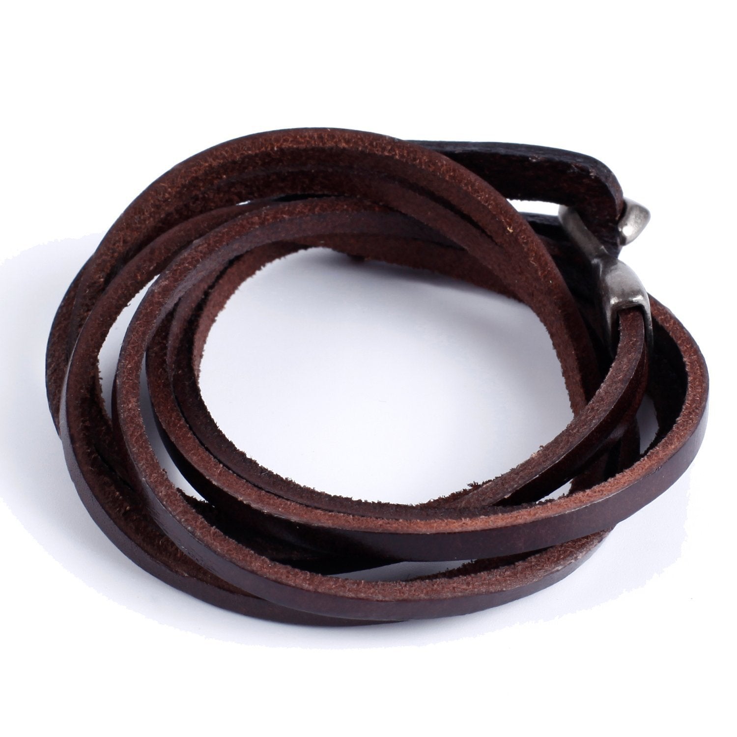 Urban Jewelry Deep Coffee Leather Wrap Cuff Men's Genuine Bracelet with Metal Hook Clasp (Brown)