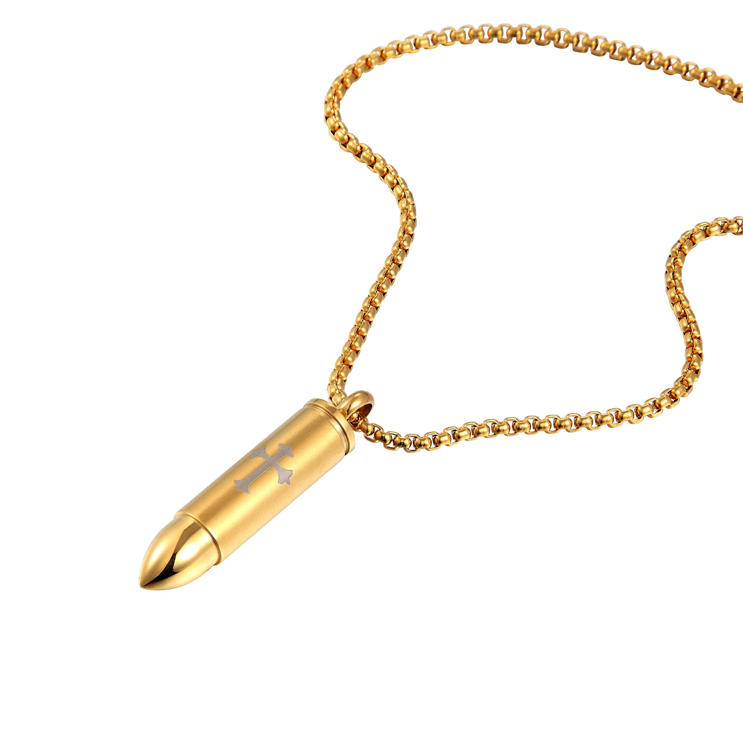 Urban Jewelry Striking Men’s Bullet Locket Necklace – Detailed with The Lord’s Cross in a Polished Gold, Silver or Black Finish – Rust & Discoloration Resistant Stainless Steel Pendant and Chain