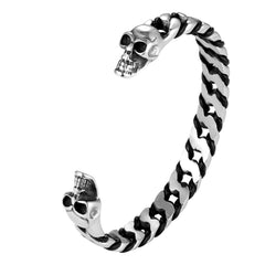 Bold Men’s Biker Bracelet – Death’s Skull Design in a Polished Silver Finish Band – Rust & Discoloration Resistant Stainless Steel with Black Genuine Leather Detail– Jewelry Gift for Men