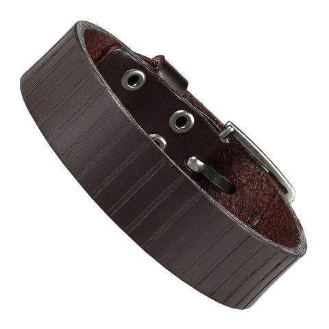Men's Genuine Leather Cuff Bangle Bracelet Classic Urban Style (Brown, Silver, 6.3-8.25 inches)