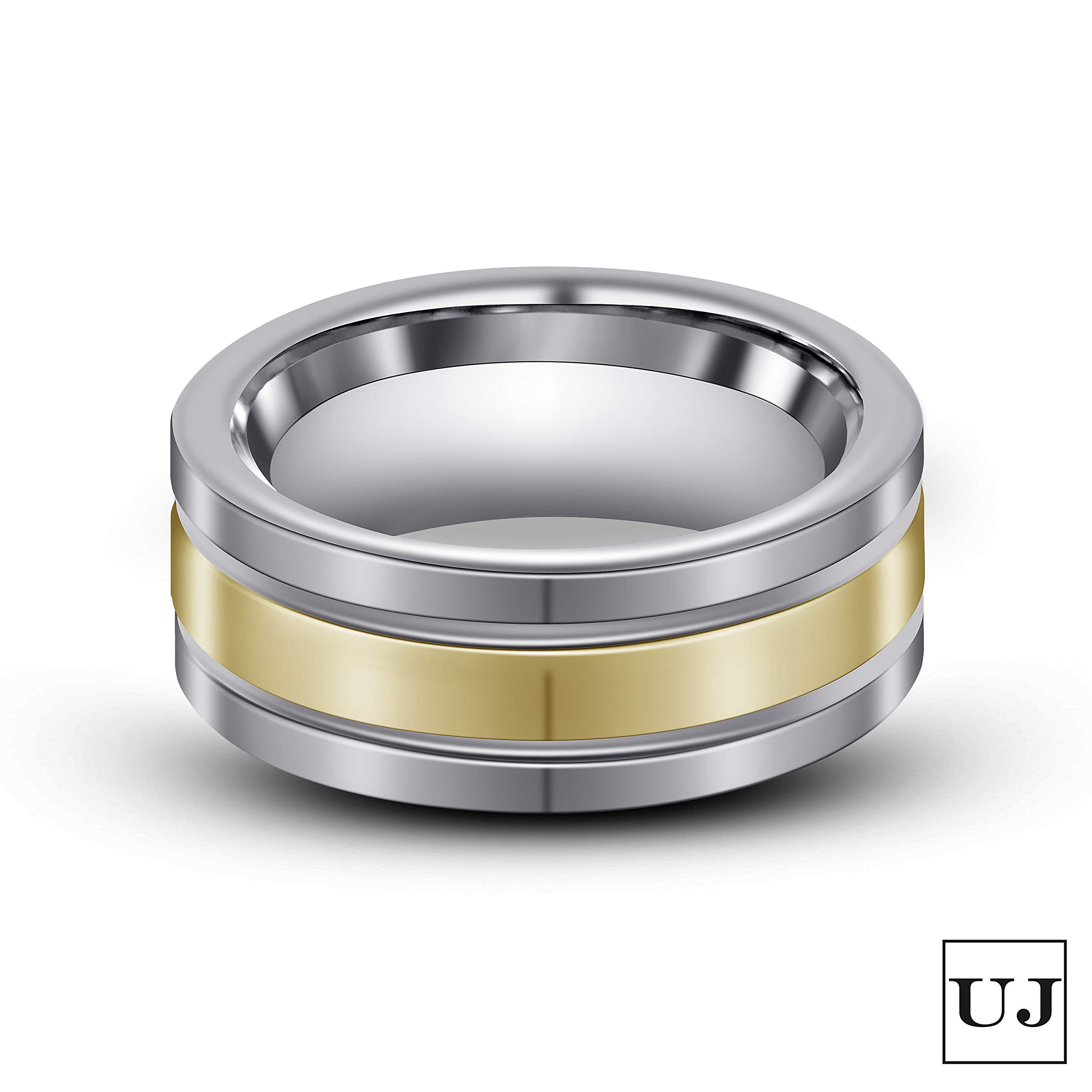 URBAN JEWELRY Men’s Wedding Band - Made of Strong Durable Solid Tungsten Carbide – 8mm Wedding Ring Size – High Shine Silver Finish with Sleek Gold Color Bands
